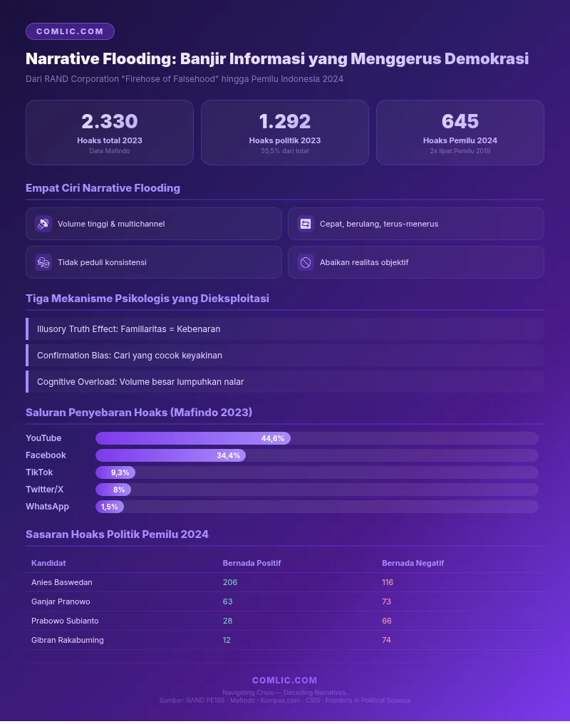 Infografik Narrative Flooding: data hoaks politik Pemilu 2024 dari Mafindo, tiga mekanisme psikologis narrative flooding