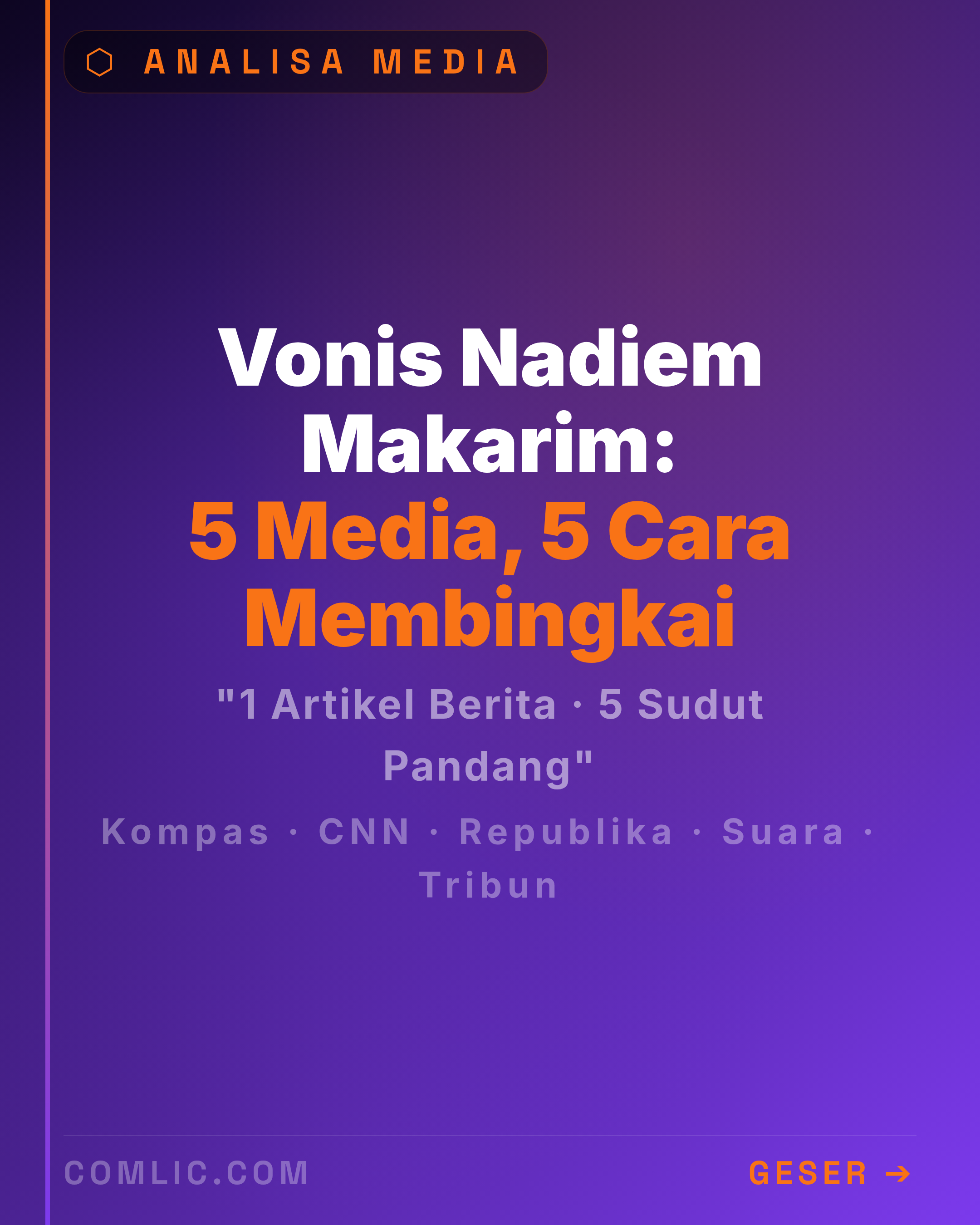 Cover analisis framing 5 portal nasional dalam vonis Nadiem Makarim, Kompas CNN Tribun Suara Republika
